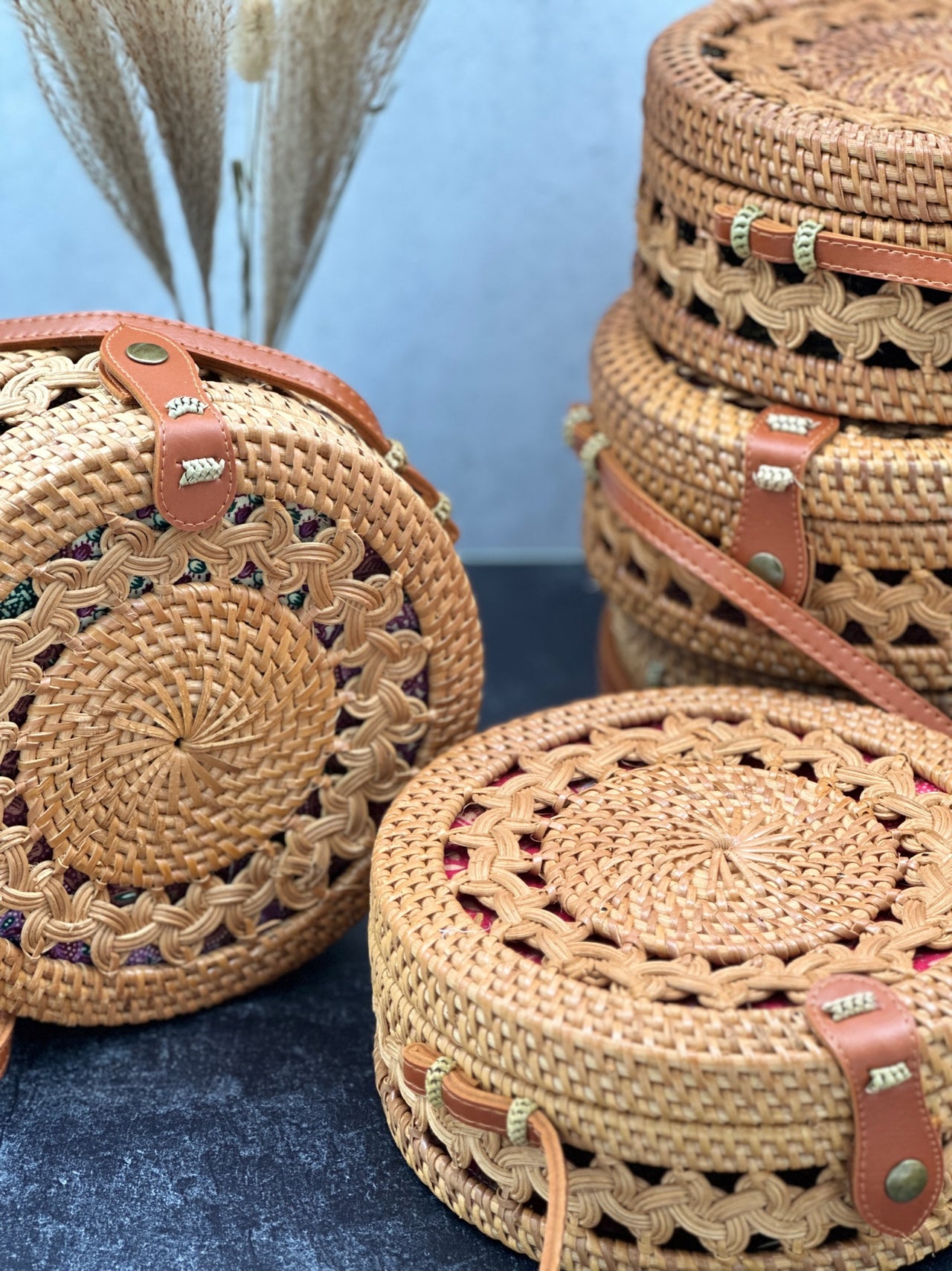 Round Classic Rattan Shoulder Bag with Vegan Friendly Faux Leather