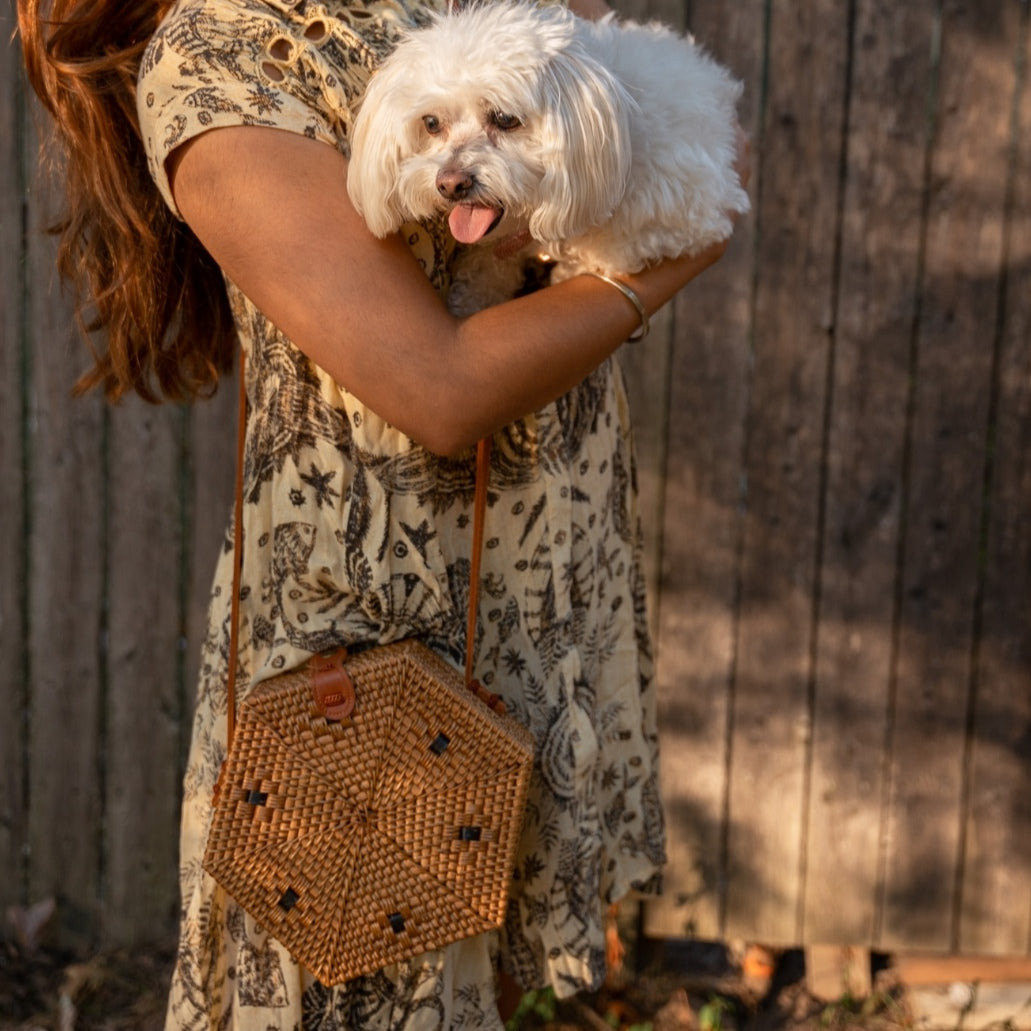 Hexagon Rattan Shoulder Bag with Vegan Friendly Faux Leather