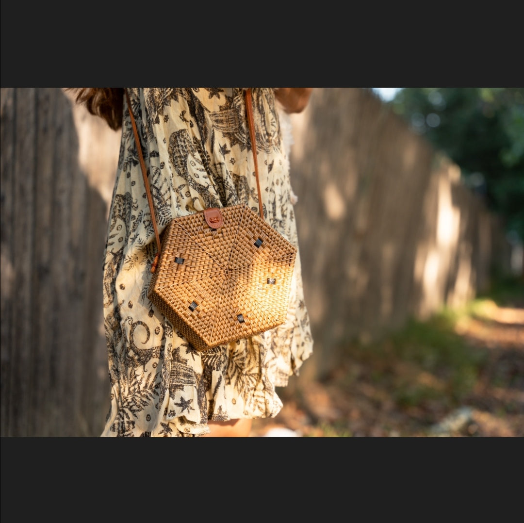 Hexagon Rattan Shoulder Bag with Vegan Friendly Faux Leather