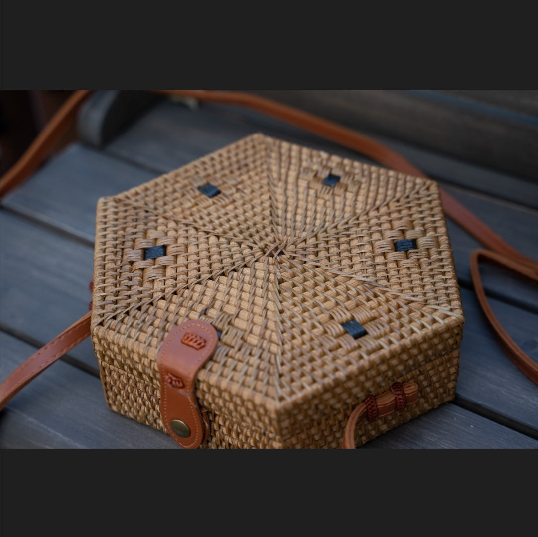 Hexagon Rattan Shoulder Bag with Vegan Friendly Faux Leather